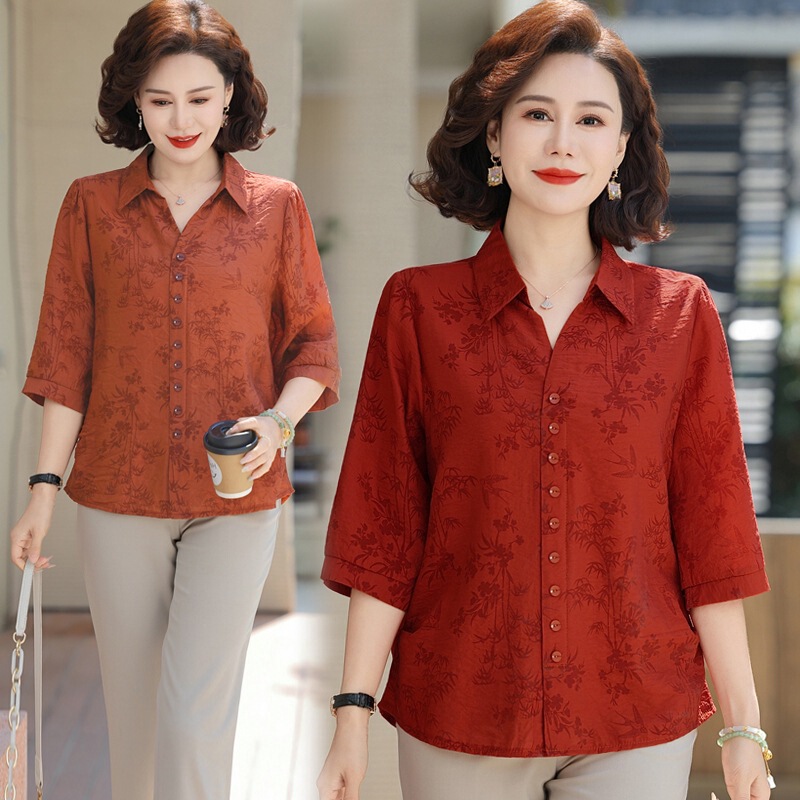 Mom's Summer Clothing, Mid-Sleeve Shirt, New Style for Middle-Aged and Elderly Women, Summer Collared Shirt, Stylish Loose Cardigan Top