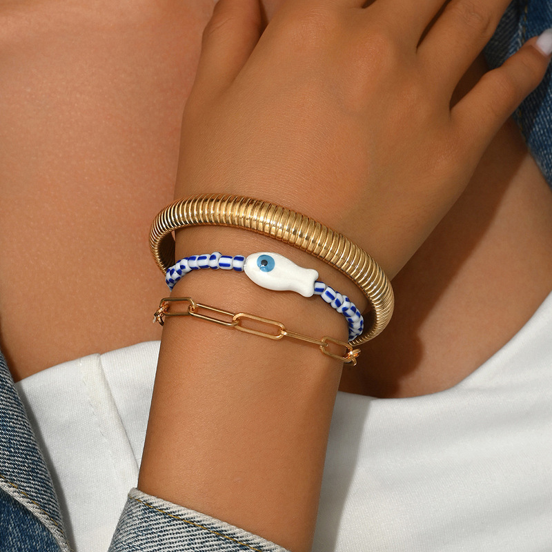 European and American Cross-Border Ceramic Small Fish Rice Beads Cross Chain Snake Bone Shaped Stacked Bracelet Personalized Fashion Bracelet Accessories for Women