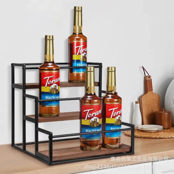 Desktop Iron Combined with Multi-Layer Display Rack Wooden Kitchen Spice Storage Rack Multi-Purpose Ladder Organizer