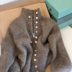 灰色重工双排扣立领毛衣外套女秋冬高级感慵懒拉链针织衫上衣