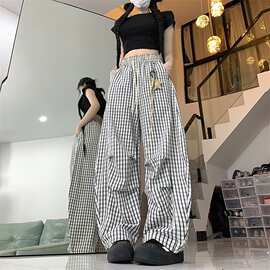 现货美式复古花边抽绳系带黑白格子裤女春夏季休闲慵懒风拖地长裤
