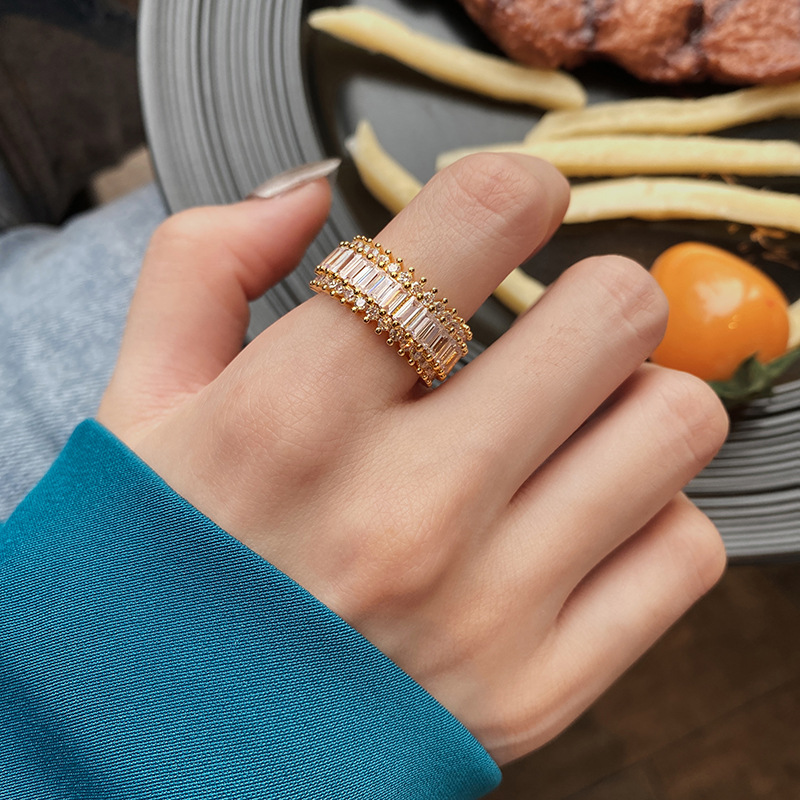 Korean open ring niche female micro-encrusted zircon copper plated real gold ring