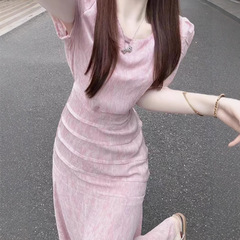 Gejia 同じスタイルの婦人服 2025 フレンチジェントルピンクドレス甘い気質女神キキョウティーブレイクスリムロングドレス