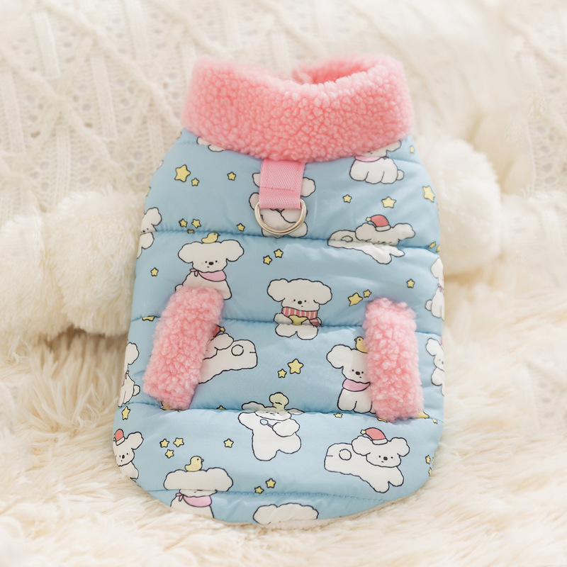 秋冬季加厚保暖撞色高领狗狗衣服卡通印花牵引马甲小型犬宠物服饰|undefined