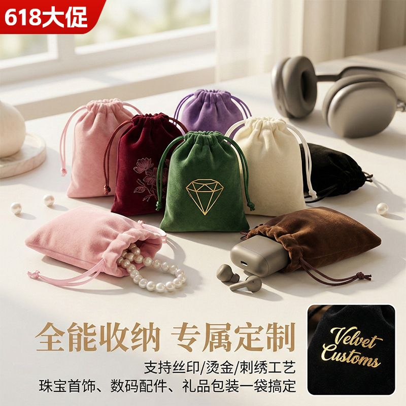 绒布袋批发珠宝饰品耳机收纳布袋子包装文玩袋抽绳绒布束口袋福袋