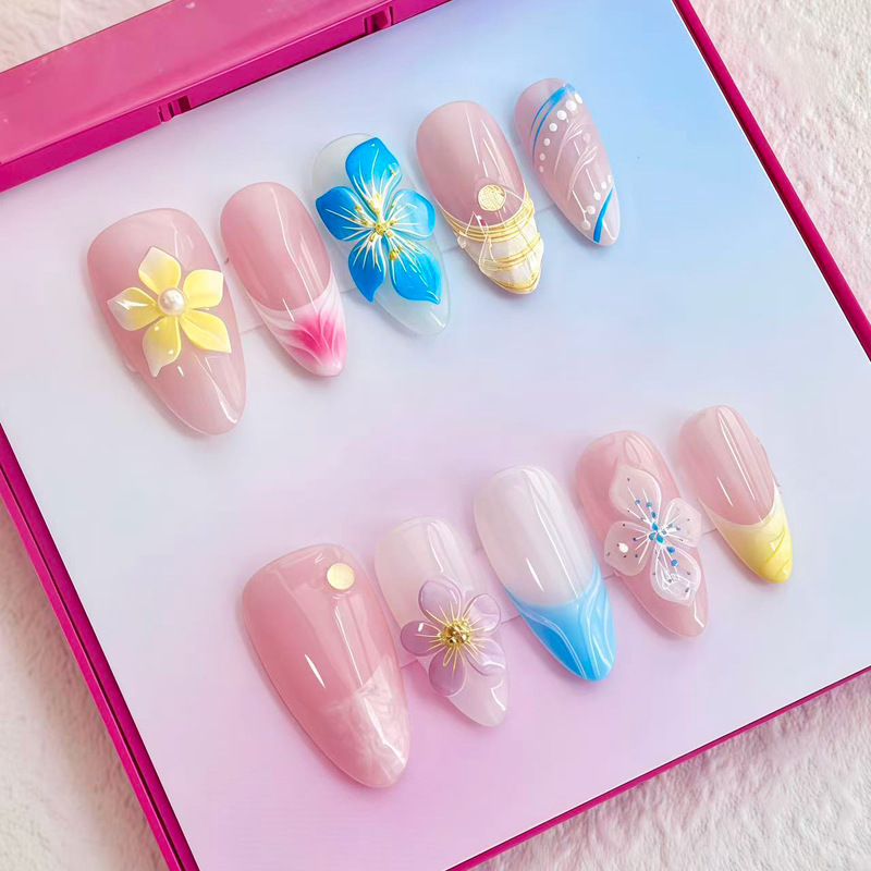 Summer 3D Carved Floral Seaside Vacation Style Wearable Nails Almond Dopamine French Style Cross-Border European and American Ins Nail Stickers Summer 3D Carved Floral Seaside Vacation Style Wearable Nails Almond Dopamine French Style Cross-Border European and American Ins Nail Stickers