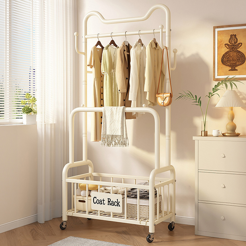 Clothes Rack Bedroom Floor-Standing Clothes Rack Home Indoor Balcony Clothes Drying Rack Removable Double Pole Clothes and Hat Rack