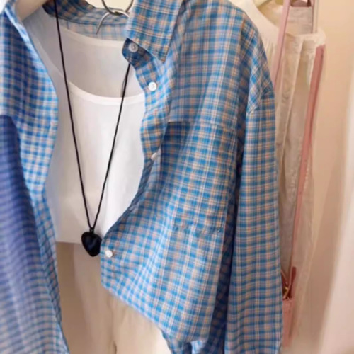 Lazily styled leisure blue checkered women's spring summer autumn new loose matchable long-sleeved sun protection coat top for women
