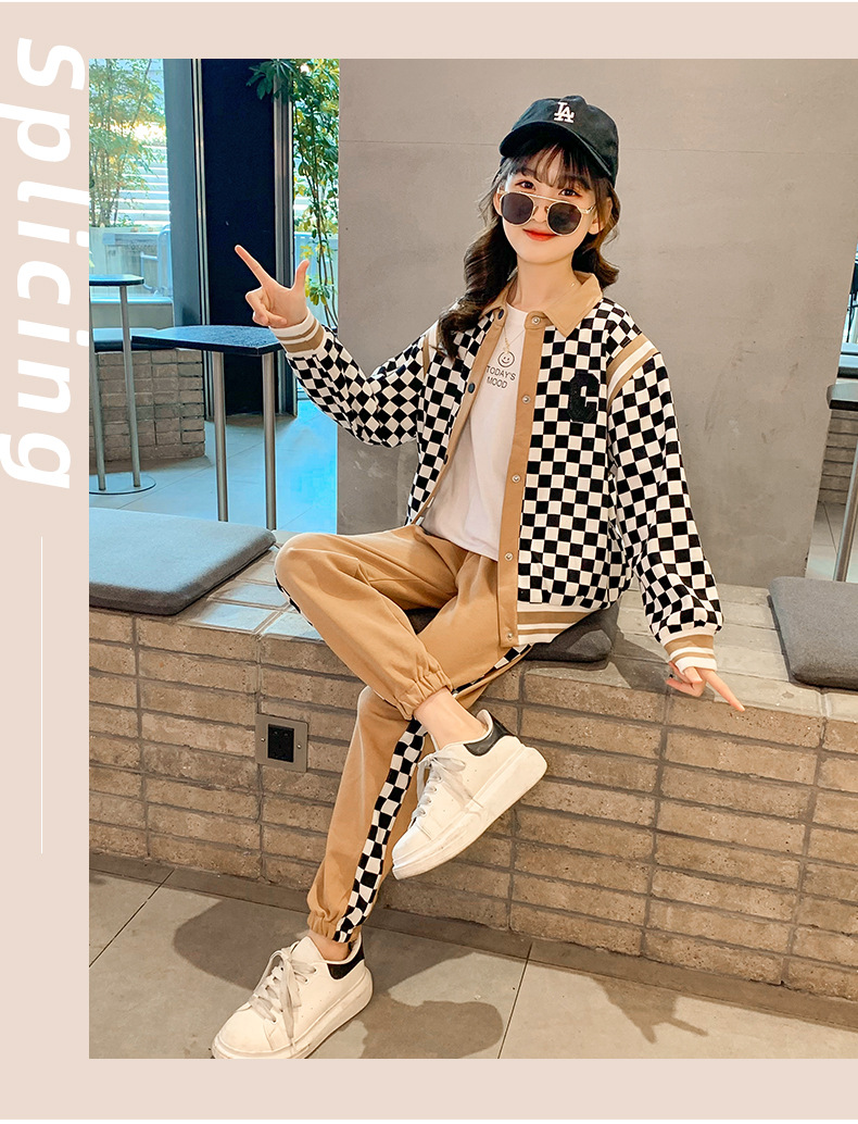 2023 New Set: Two Piece Set of Checkerboard Spring and Autumn Sports Elastic Loose Baseball Suit for Children, Girls,_voghion.com
