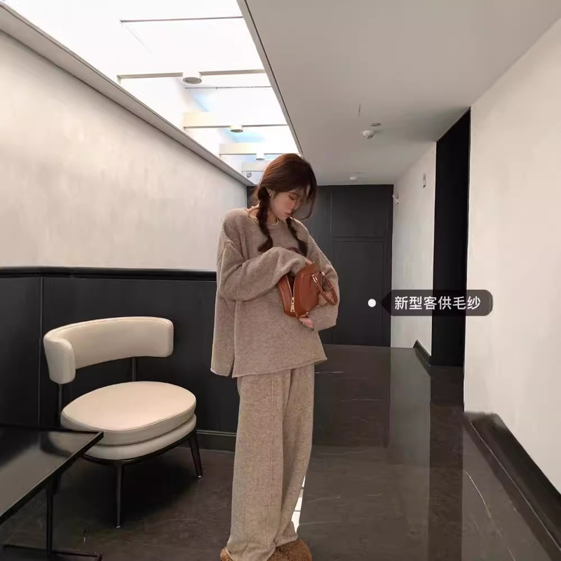 Korean Style Soft and Lazy Style Knitted Suit Autumn and Winter New Style Gentle Round Neck Pullover Sweater Wide Leg Pants Two-Piece Set for Women