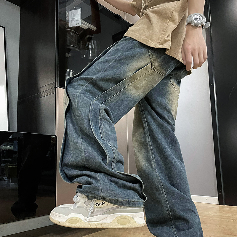 Vaqueros lavados retro, sentido del diseño de verano para hombres, pantalones vibe americanos de nicho, pantalones de papá rectos holgados de pierna ancha