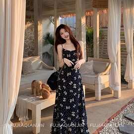 左边女装高腰无袖吊带裙2025夏季新款蝴蝶结印花连衣裙