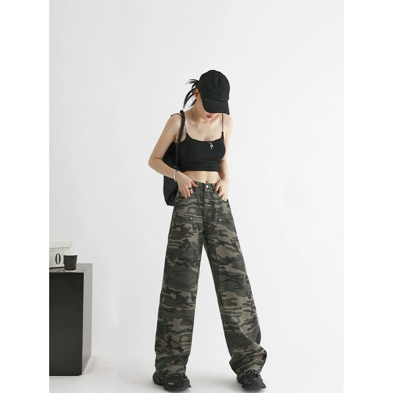 7888 Street Camouflage Fall Джинсы женские 2023 весна-осень Новые прямые свободные широкие штанины с высокой талией для отдыха Джинсовые