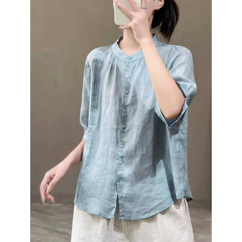 Экспортный излишек внешней торговли женской одежды, вырез этикетки, воротник-стойка, складка-гармошка, хлопок и лен, рубашка с рукавом три четверти, женская летняя художественная футболка.