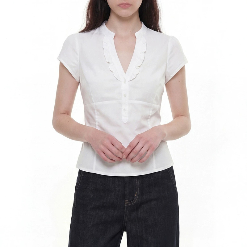 Coif Spring and Summer American Retro Lace V-Neck Button Slim Waist Shirt White Short-Sleeved Simple and Versatile Women's Top