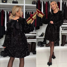 欧美跨境2024秋冬女式连衣裙个性街头圆领亮片蝴蝶结系带连衣裙