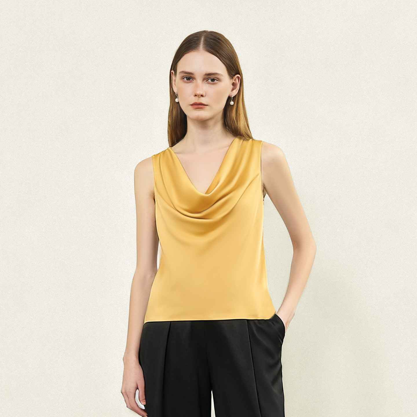 蝶绣春夏季真丝荡领无袖背心女桑蚕丝针织打底衫修身简约真丝上衣