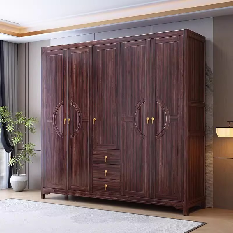 New Chinese Style Ebony Solid Wood Wardrobe Large Household Wardrobe Bedroom Clothes Storage Cabinet Large Capacity Solid Wood Cabinet