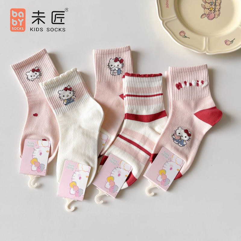 Uncombed Cotton Type a Children's Socks, Mid-Calf Socks, Breathable Spring and Autumn Style, Cartoon Hello Kitty Girls' Socks