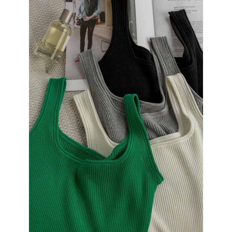 Square sugar vest all-match square collar slim-fit knitted sling women's spring new solid color inner short top