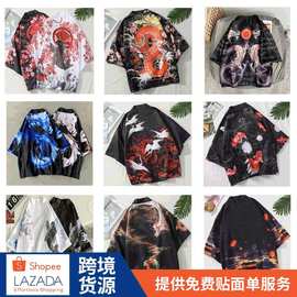 东南亚跨境男装道袍男士七分袖印花中国风开衫情侣龙道袍汉服男士