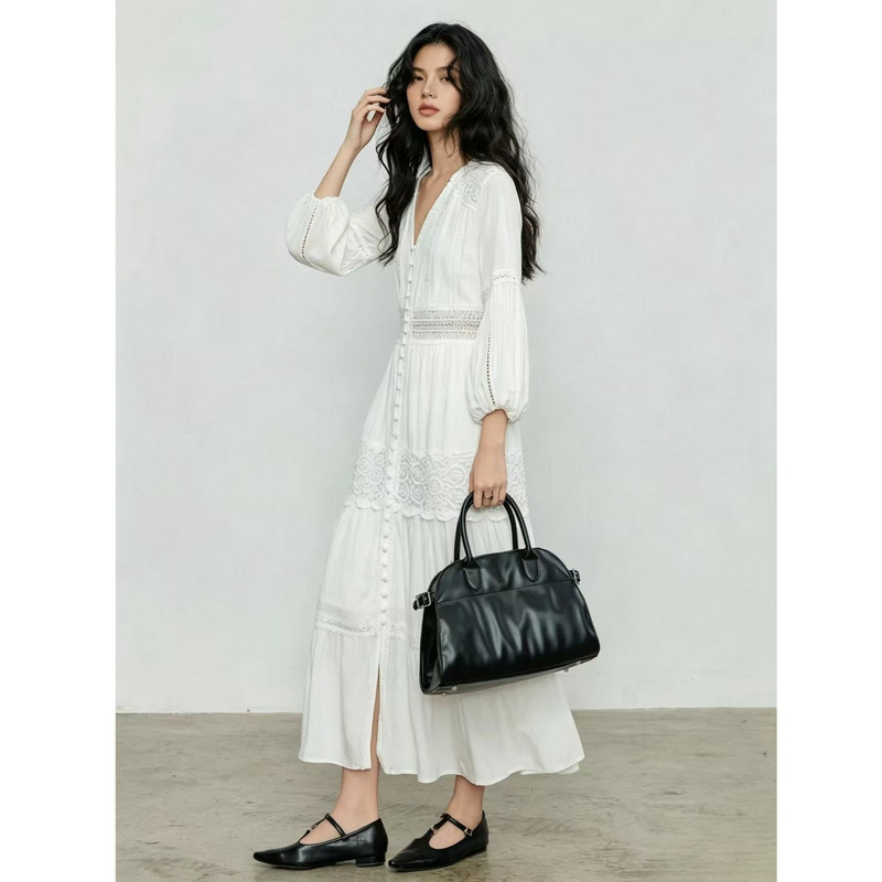 French-Style V-Neck Dress for Women, Spring 2026 New Lace Patchwork A-Line Tea Break Long Dress French-Style V-Neck Dress for Women, Spring 2026 New Lace Patchwork A-Line Tea Break Long Dress
