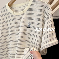韓系刺繍ウサギラミー麻綿ストライプ半袖tシャツ2025春夏快適通気ゆったりカジュアル上着