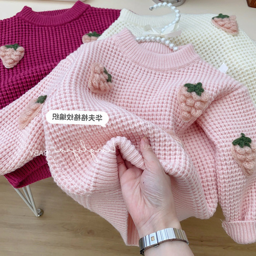 韩国童装冬季女童时尚立体圆领针织毛衣小女孩宽松百搭上衣潮