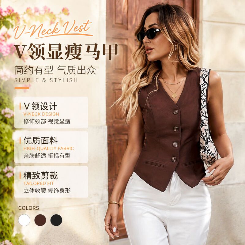 Summer new slim-fit short sleeveless blazer with V-neck and faux pockets, women's vest top Summer new slim-fit short sleeveless blazer with V-neck and faux pockets, women's vest top