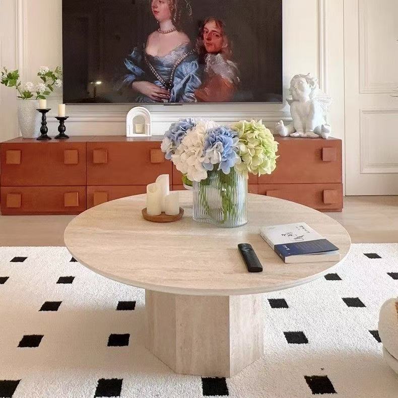 Wabi-sabi style coffee table set, small-sized coffee table with a hexagonal base, vintage-style coffee table with a rock slab top