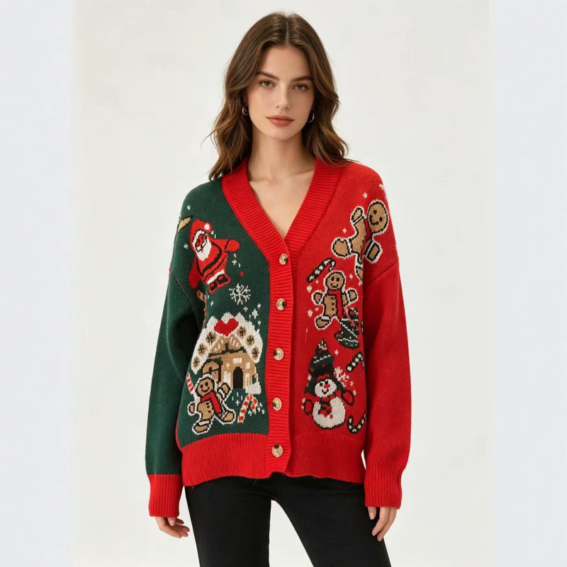 Cross-Border Red and Green Color-Blocked V-Neck Christmas Knit Cardigan for Women, Loose Snowman Design, European and American Holiday Style, Single-Breasted Sweater Coat