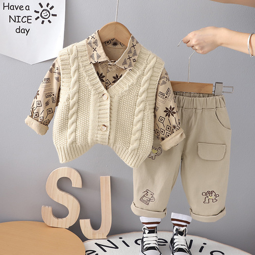 New Men's Autumn Long Sleeve Set 0-5 Years Old Boys Bamboo Style Vests Cardigans Children's Autumn Set of Three