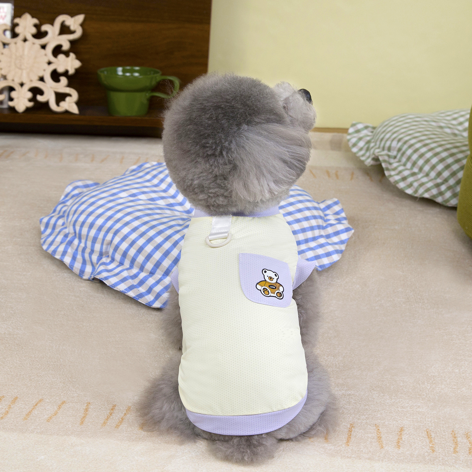 Primavera y verano perro lindo macaron bolsillo oso camiseta perro pequeño y mediano peluche bichón gato mascota ropa