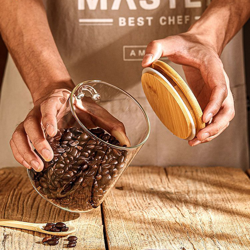 Tarro de almacenamiento de vidrio borosilicato para el hogar con cuchara de vidrio transparente redondo tarro de té