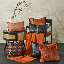 轻奢高级感橙色抱枕套家居床头编织PU靠垫沙发装饰枕方形兔毛枕套