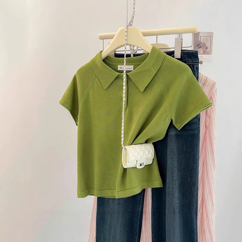 Spring and summer Korean polo collar button new design feeling age-reducing sweet college all-match sweater short sleeve top