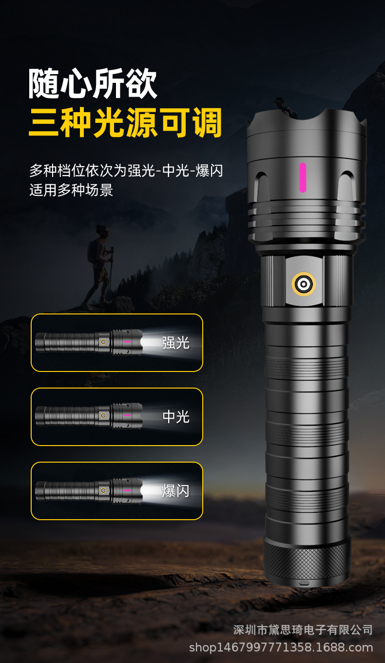 Cross-border new model, compact and powerful flashlight with white laser, high-intensity beam, long-range illumination, ultra-bright, high-power, rechargeable, and portable for outdoor use