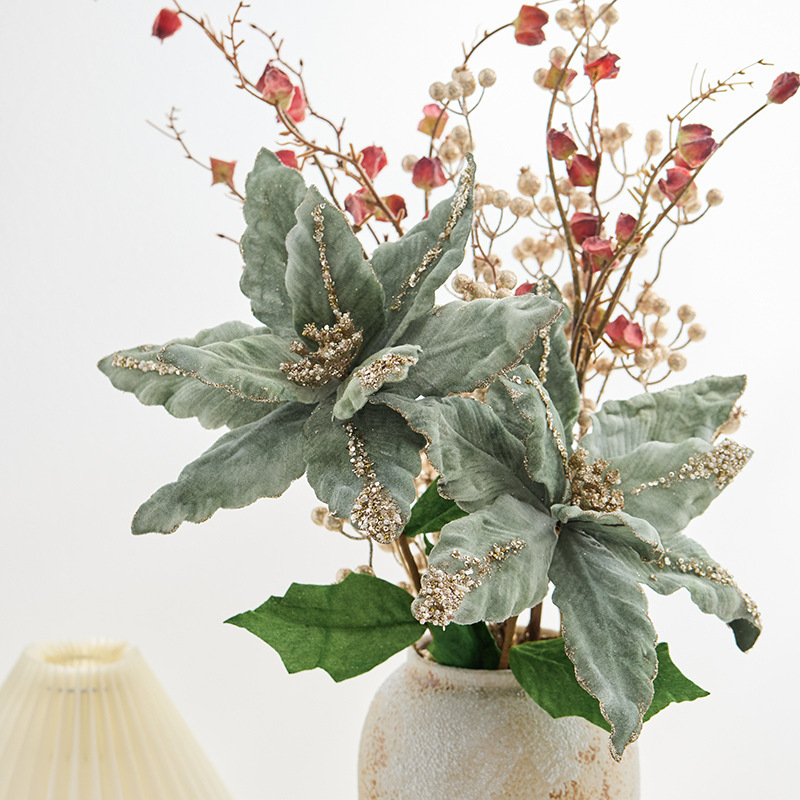 24 nuevas ventas transfronterizas de flores de Navidad verdes de alta calidad, flores de imitación de tamaño grande, accesorios de decoración de árbol de Navidad