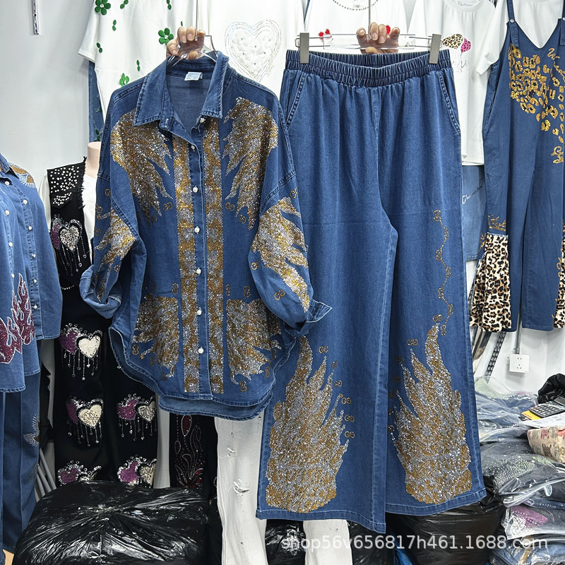 European Heavy Industry Design Hot Diamond Gold Paint Loose Long-Sleeved Denim Shirt Top + Elastic Waist Pants Two-Piece Set for Women