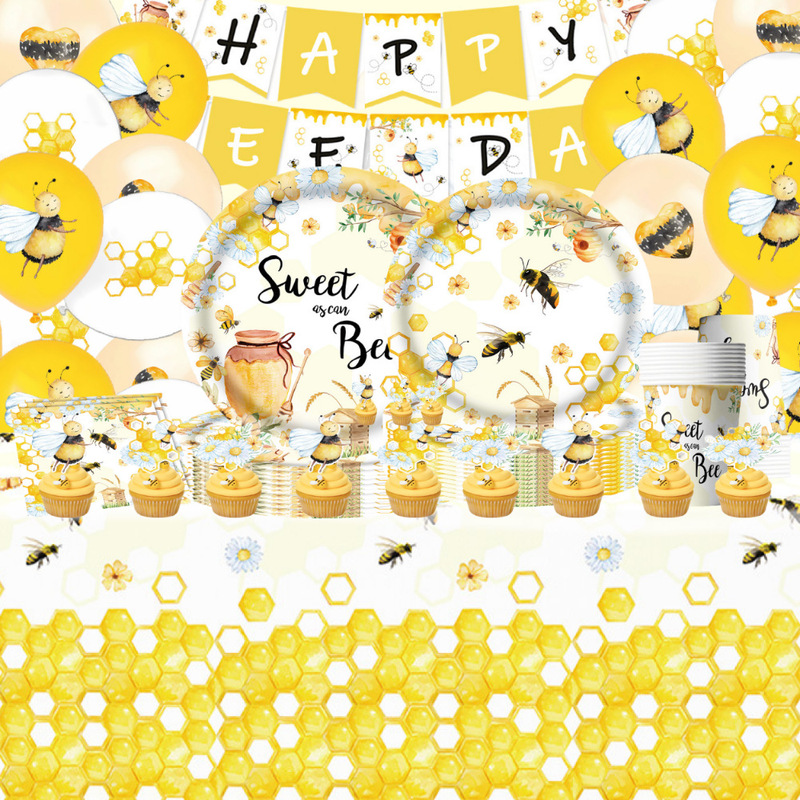 New Birthday Yellow Bee Theme Children's Party Tableware suit Paper Plate Paper Towel Tablecloth Party Scene Layout