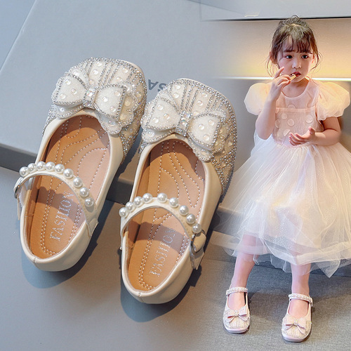 Children's Small Leather Shoes 2024 Spring and Autumn New Arrival Kids Water Drill Lace Butterfly Knot Princess Shoes for Girls Performance Shoes
