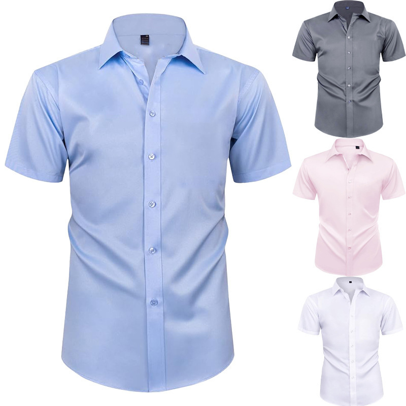 Cross-Border Short-Sleeved Solid Color Men's Shirts Formal Shirts No-Iron Men's Clothing Aliexpress Amazon Temu Hot Style
