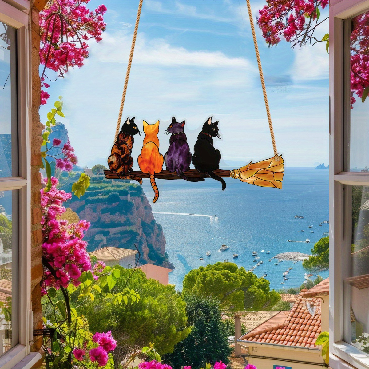 1 pieza, cat-shaped acrílico colgante de trampa solar con diseño de escobilla - decoración de suspensión interior / exterior colorida