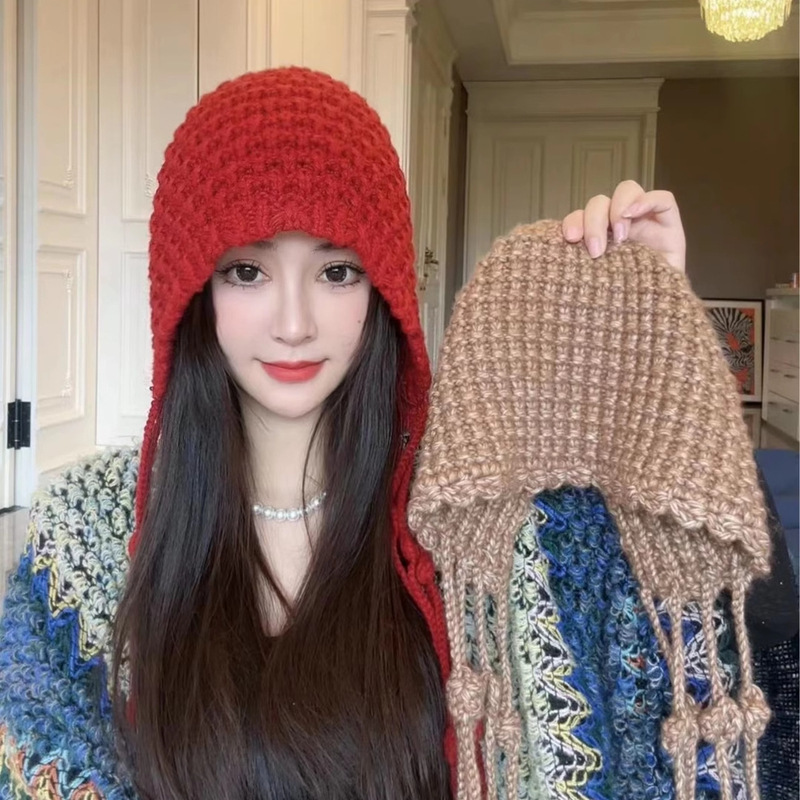手工编织款流苏球球帽加厚保暖包头帽女冬天护耳绑带帽针织毛线帽|undefined