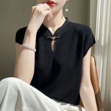 24年春夏新款新中式国风立领曲珠针织衫女T恤高级设计感修身无袖