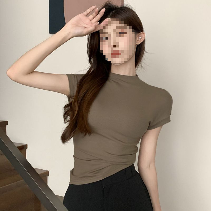 纯棉半高领正肩短袖T恤女2024夏季紧身收腰短款纯欲辣妹风|undefined