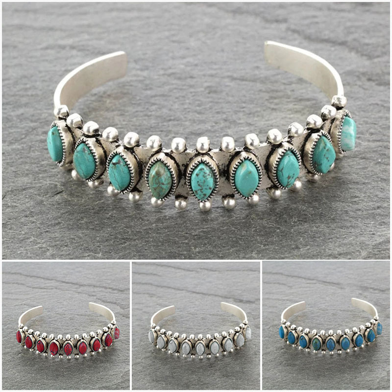 Bohemian style natural turquoise open bracelet Amazon popular vintage pattern bracelet bracelet for women