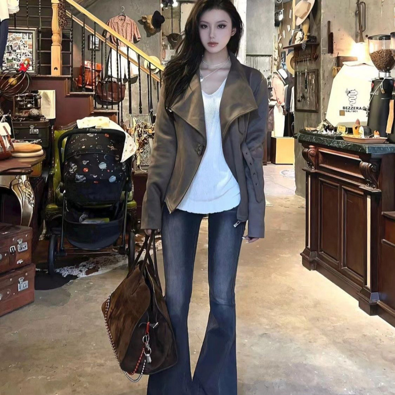 美式复古甜酷辣妹麂皮绒夹克女春秋季新款修身机车大翻领短款外套|undefined