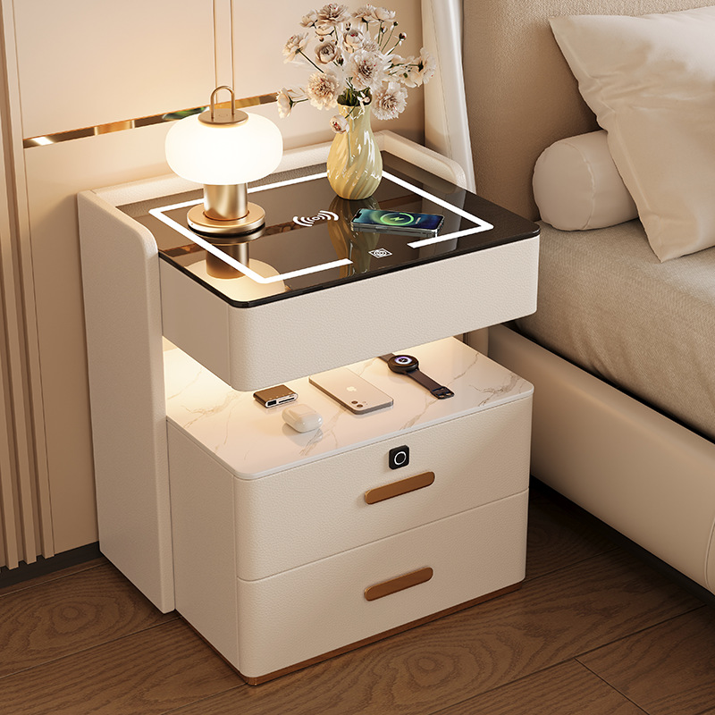 Installation-Free New Smart Bedside Table Modern Simple Solid Wood Bedroom Home Multi-Functional Bedside Storage Side Cabinet