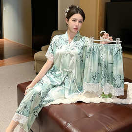 2024夏季新款冰雪丝睡衣女甜美休闲短袖短裤长裤三件套家居服套装